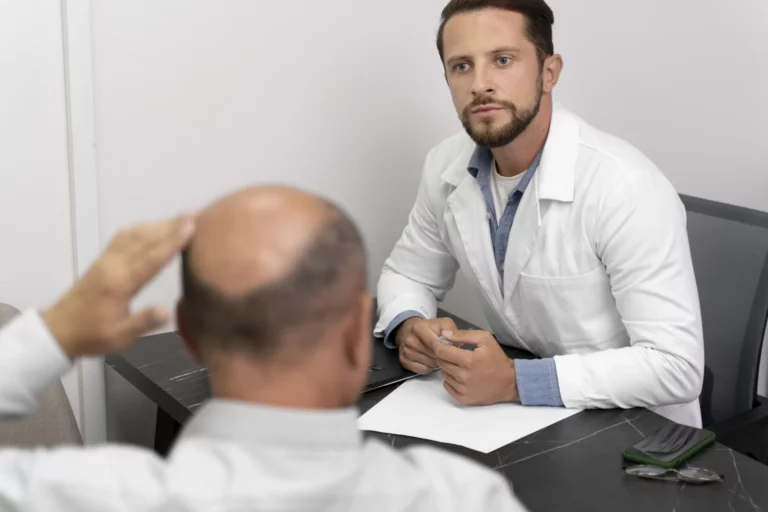 Médecin qui reçoit un patient pour un bilan capillaire avant greffe