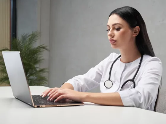 Médecin qui consulte le site internet de son cabinet sur ordinateur portable