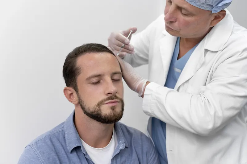 Médecin qui examine le cuir chevelu d'un patient en clinique de greffe capillaire