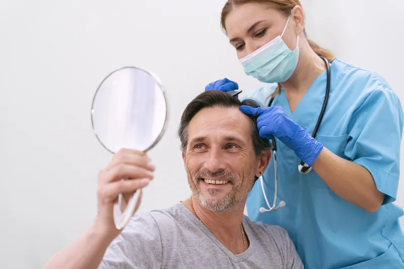 Patient qui regarde sa chevelure dans un miroir lors du suivi en clinique