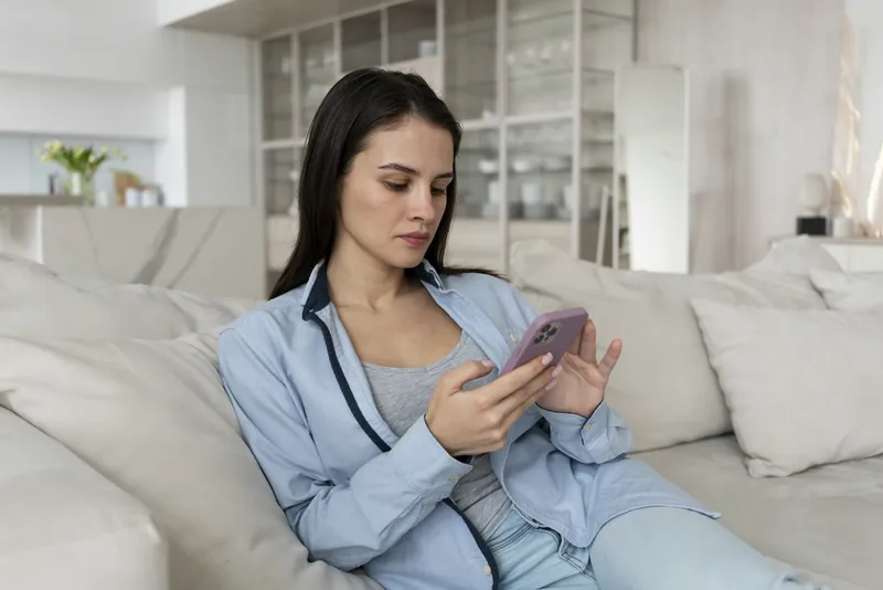 Patiente qui consulte un profil Doctolib et réserve un rendez-vous sur son smartphone